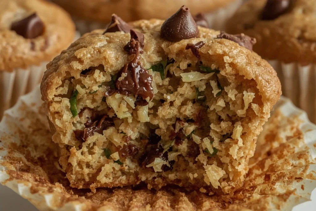 Close-up of moist zucchini chocolate chip muffin showing gooey chocolate and tender crumb.