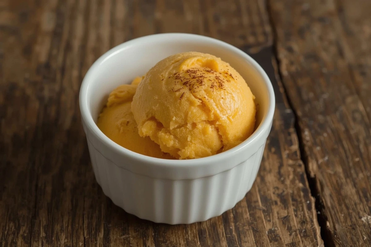 A single scoop of creamy homemade healthy pumpkin ice cream in a white bowl, spiced and ready to enjoy.
