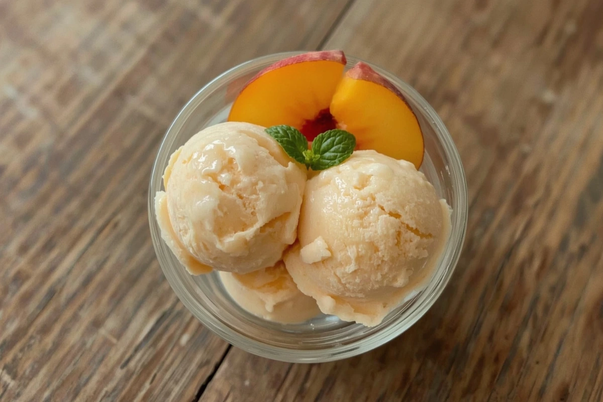 Two scoops of delicious homemade peach ice cream, garnished with fresh peach slices and mint, in a clear glass bowl.