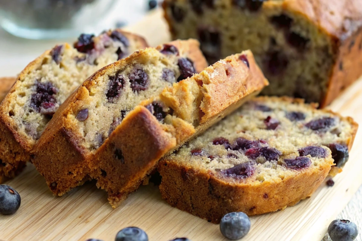 Sliced blueberry banana bread on a wooden board with fresh blueberries. Homemade quick bread is ready to serve.