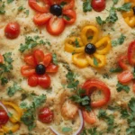 Golden baked Focaccia Art Bread with vibrant bell pepper flowers, red onion, tomatoes, and parsley in a baking pan.