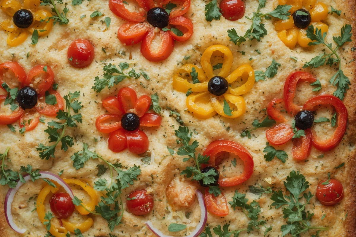 Golden baked Focaccia Art Bread with vibrant bell pepper flowers, red onion, tomatoes, and parsley in a baking pan.