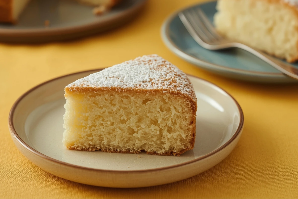 Delicious slice of lemon ricotta cake on a plate with powdered sugar, showing tender crumb.