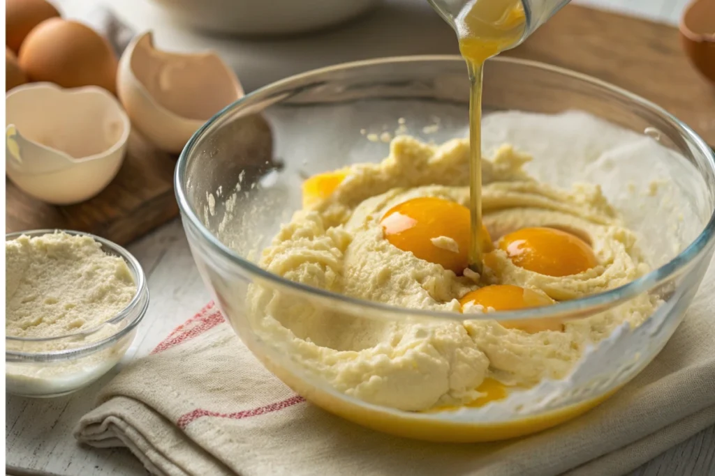 Adding egg yolks to creamed butter and sugar mixture in a glass bowl.