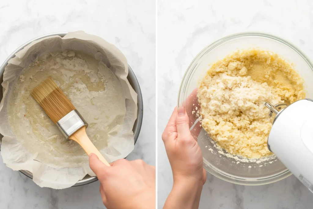Hand greasing a 9-inch springform pan with butter and parchment paper.