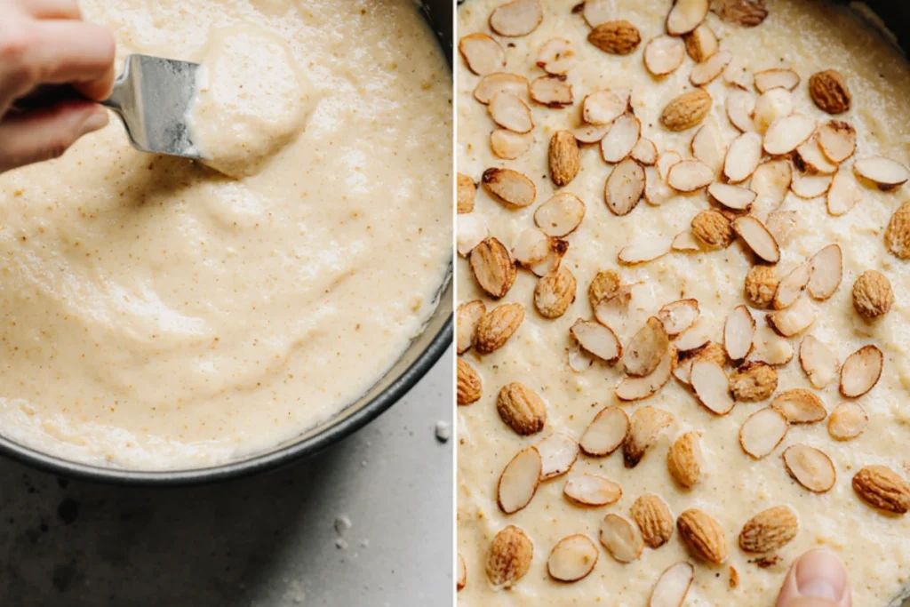 Spreading cake batter evenly in a springform pan with an offset spatula.