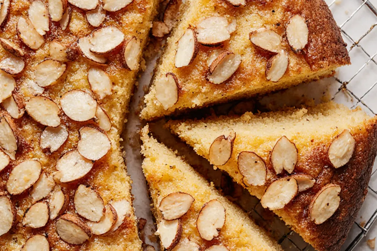 Top-down view of a golden brown lemon ricotta cake with almond flour, topped with sliced almonds