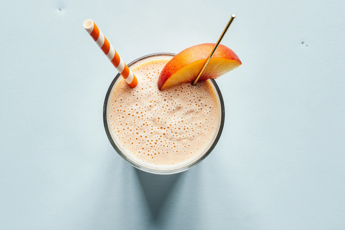 Top-down view of a creamy peach smoothie garnished with a peach slice and striped straw. Perfect peach smoothie recipe.