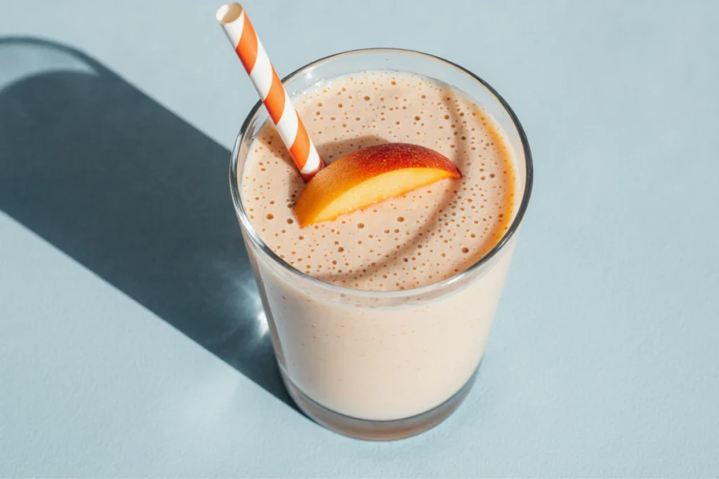 Angled close-up of a creamy peach smoothie with a peach slice and striped straw. Best peach smoothie recipe.