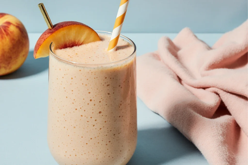 Creamy peach smoothie with a peach slice and straw, a whole peach nearby. Homemade peach smoothie recipe.