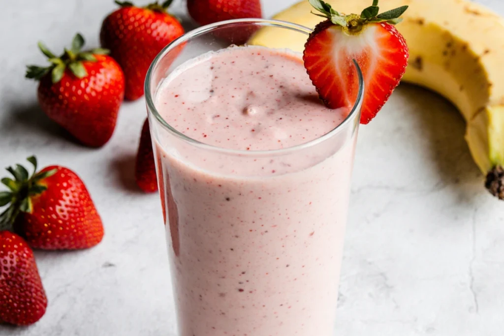 Refreshing strawberry yogurt smoothie with berry garnish and fresh fruit background.