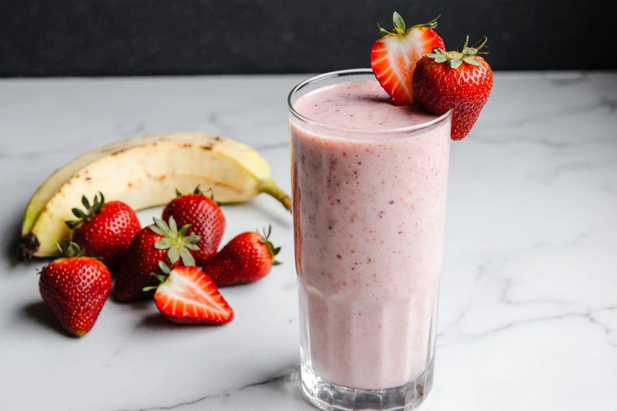 Creamy strawberry yogurt smoothie in a glass with fresh strawberry garnish.