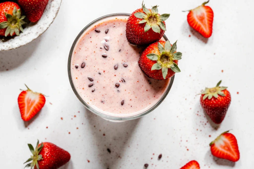 Overhead view of a creamy strawberry yogurt smoothie, garnished with whole strawberries.