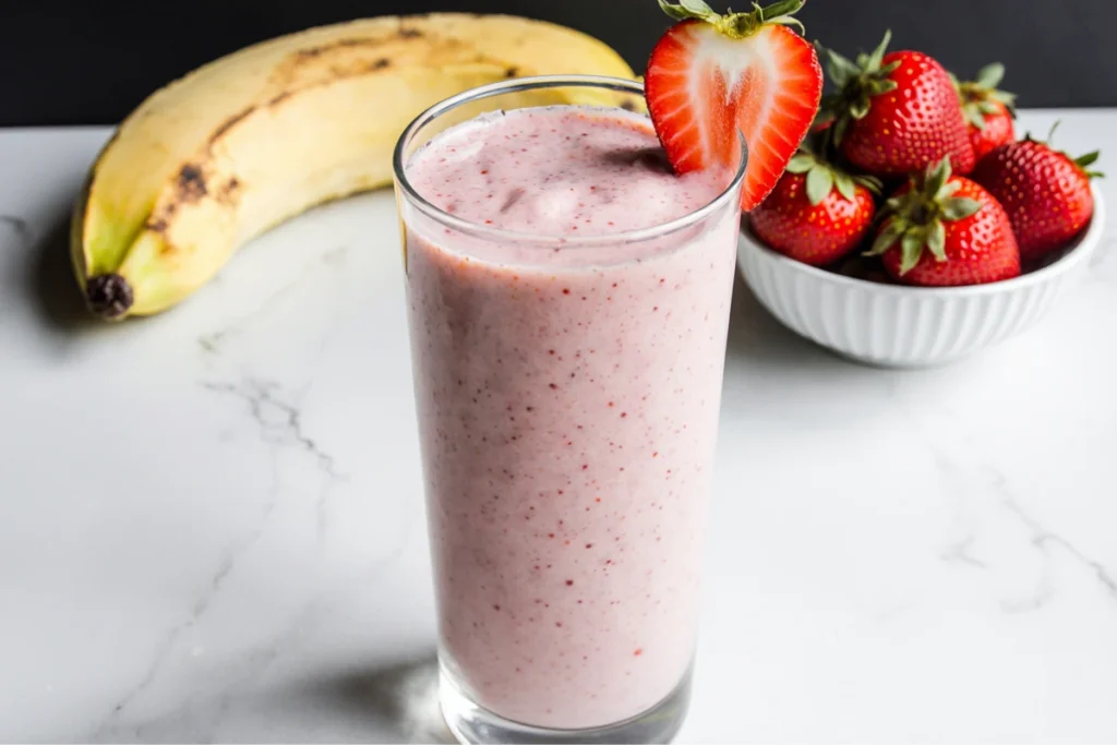 Homemade strawberry yogurt smoothie garnished with fresh berries