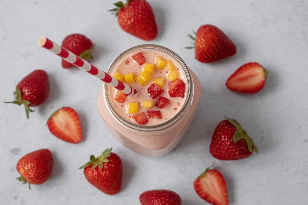 Top-down view of two peach strawberry smoothies in mason jars, garnished with fruit, alongside fresh strawberries.