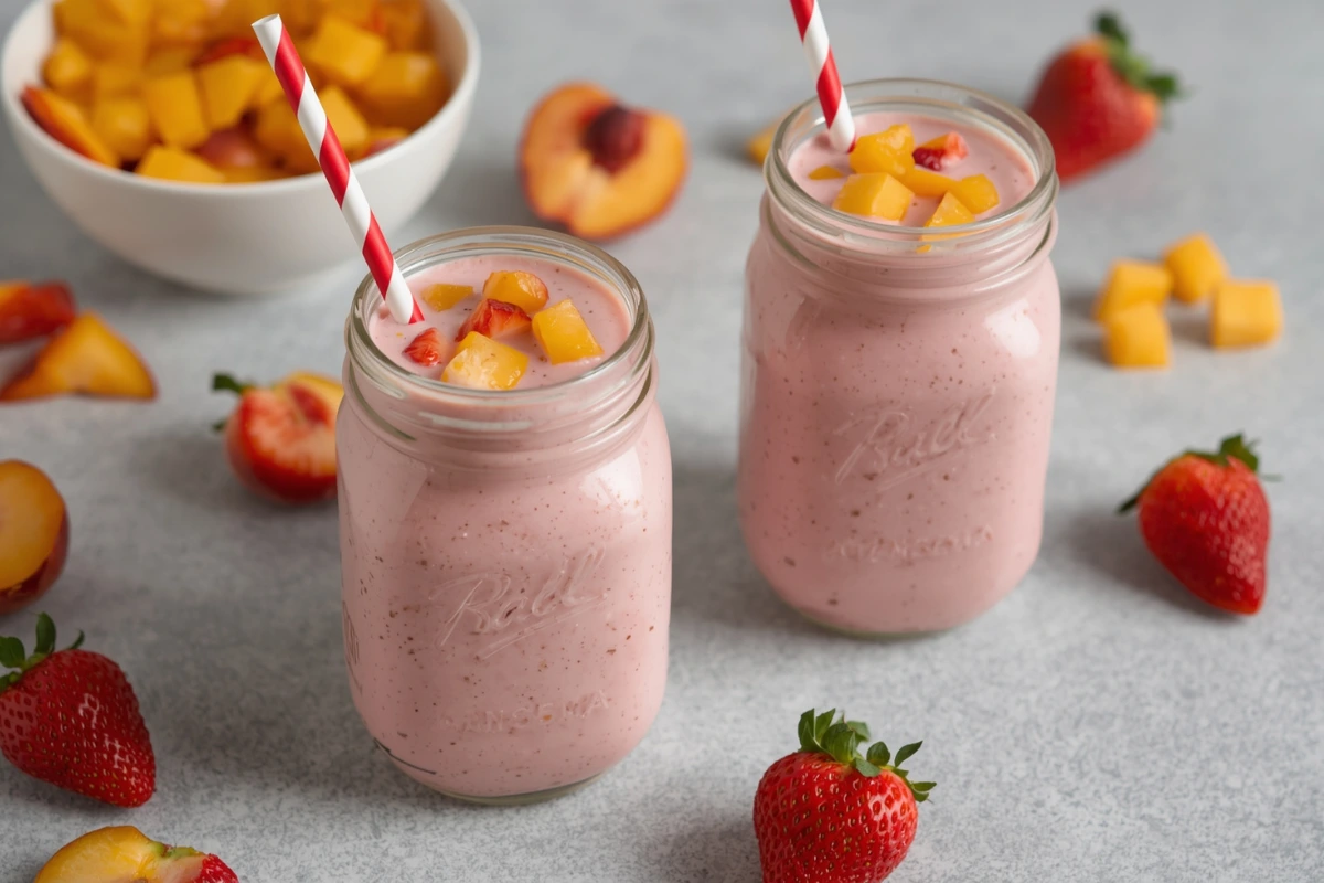 Close-up of a creamy peach strawberry smoothie in a mason jar, garnished with fresh fruit. Perfect refreshing summer drink.