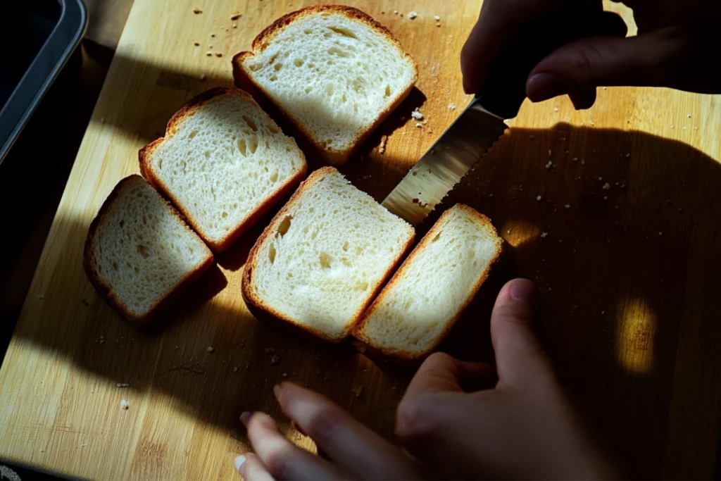 Hands with pink nails holding sliced bread on a wooden board, preparing cubes for apple bread pudding.