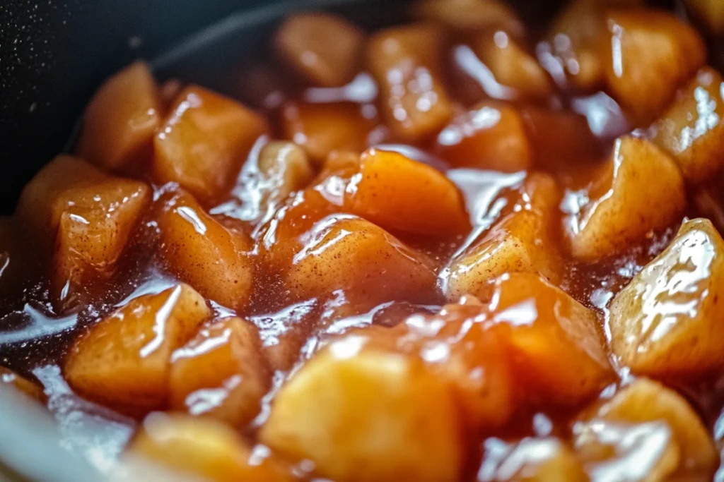 Cooked spiced apple pie filling in a saucepan, gleaming with rich, tender apple chunks for bread pudding.