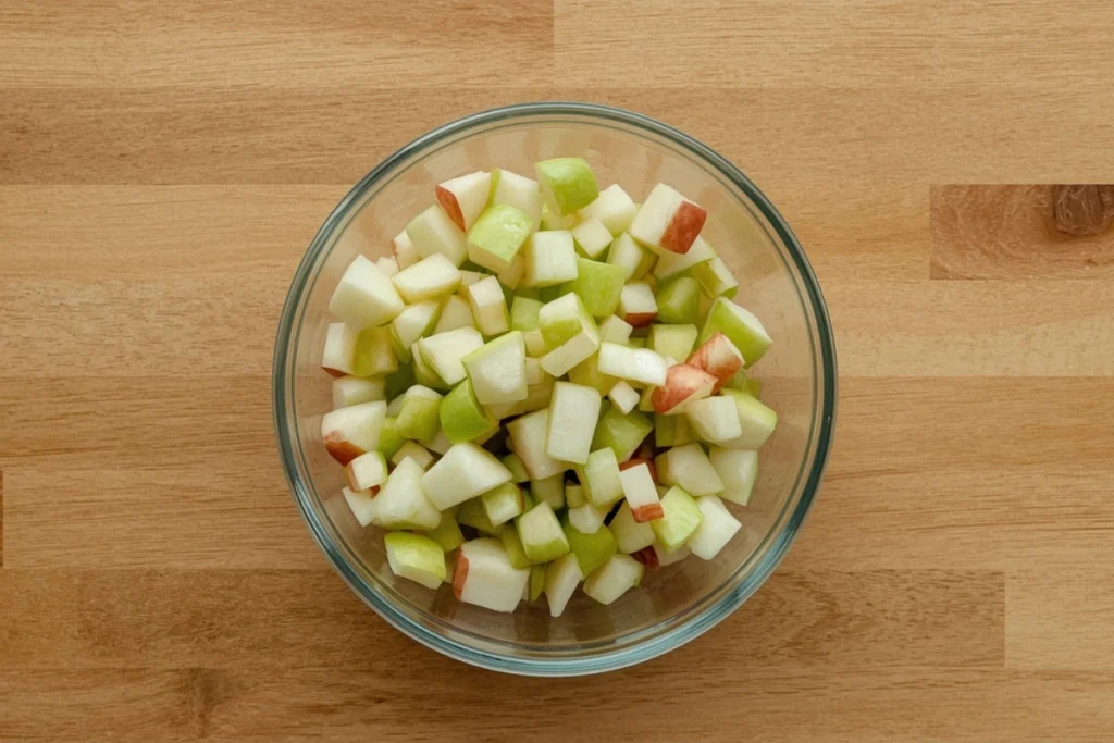 A clear glass bowl brimming with fresh, diced apples, ready for making apple bread pudding.