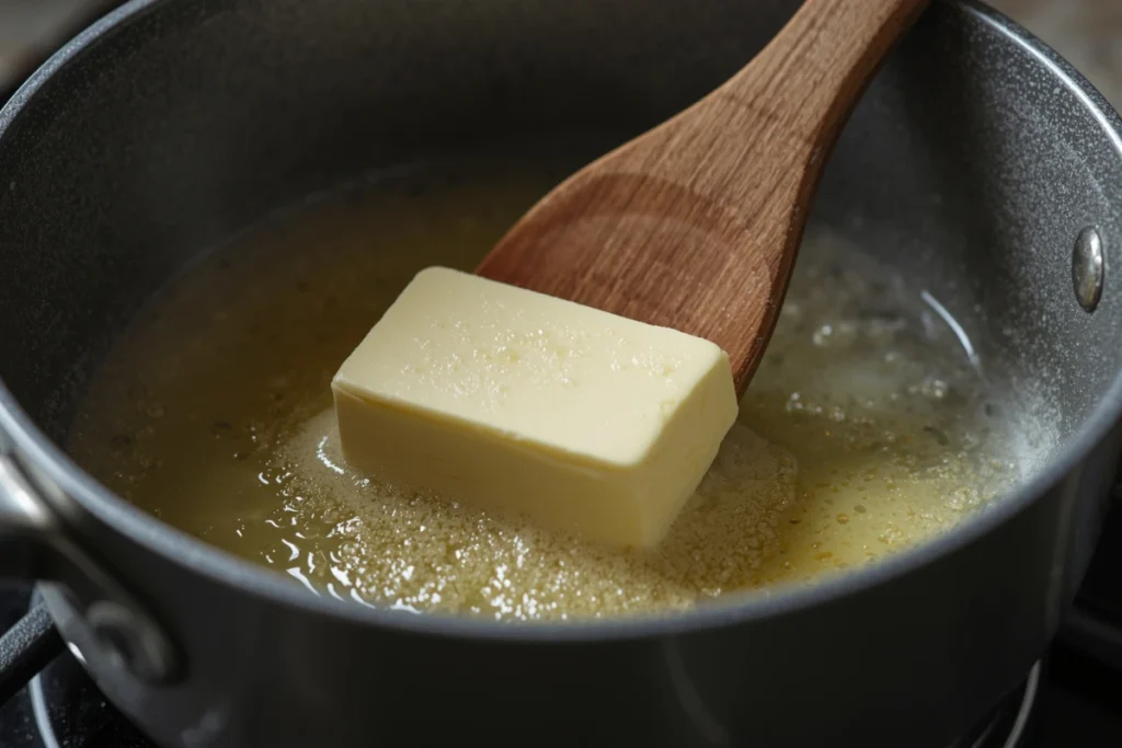 Salted butter melting in a gray saucepan, essential for the flavorful apple bread pudding filling.