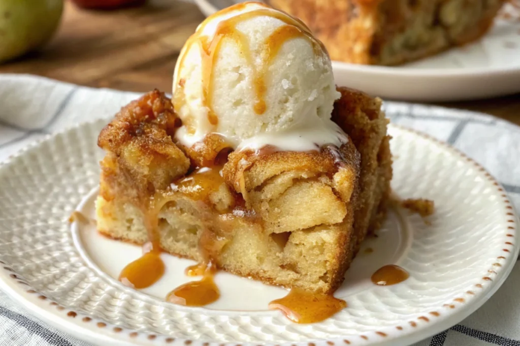 Apple bread pudding with generously melted ice cream and sweet caramel drizzle, a truly indulgent treat.