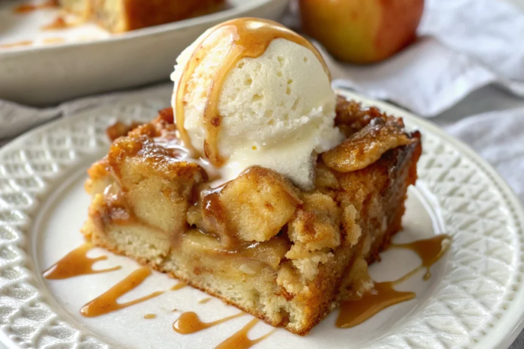 Warm apple bread pudding slice with melting vanilla ice cream and sweet sauce. Irresistible comfort.