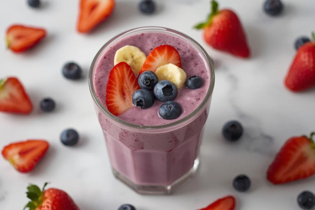 Delicious strawberry blueberry smoothie topped with strawberries, blueberries, and banana slices.