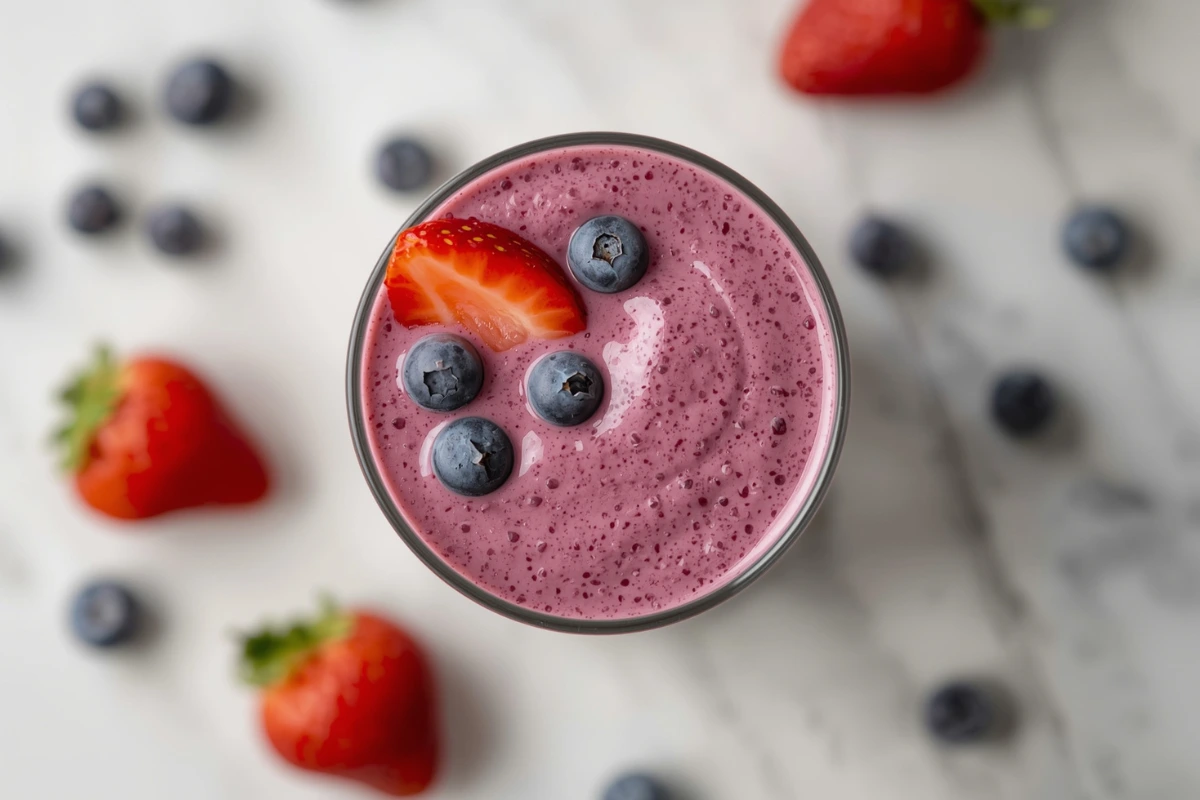 Close-up of a creamy strawberry blueberry smoothie, garnished with fresh berries on a marble surface.