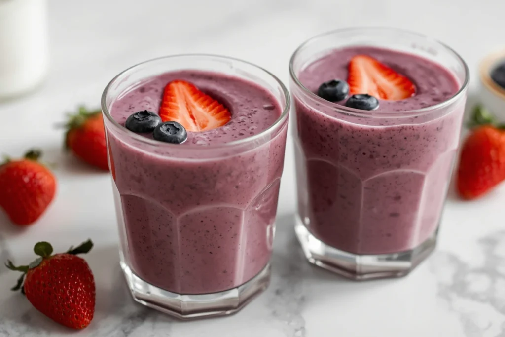 Two vibrant strawberry blueberry smoothies, garnished with fresh berries, ready to enjoy.