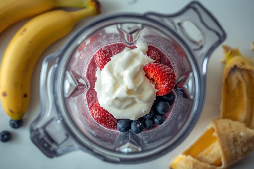 Blender with ingredients for strawberry blueberry smoothie: frozen berries, banana, yogurt.