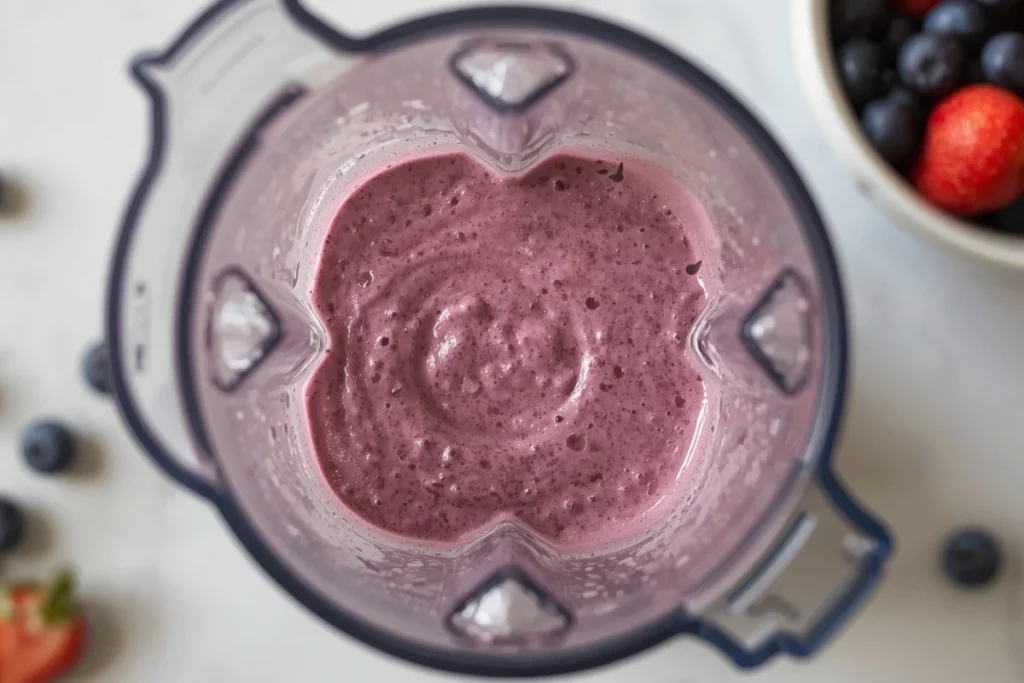 Freshly blended creamy purple strawberry blueberry smoothie inside a blender pitcher.