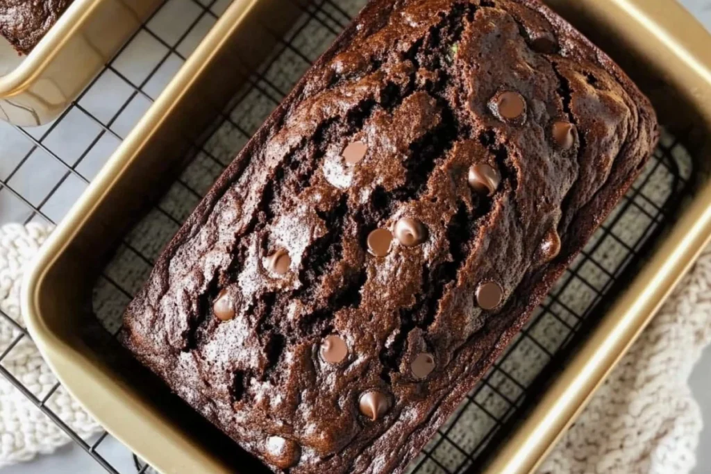 Freshly baked chocolate and zucchini bread in a loaf pan cooling on a wire rack.
