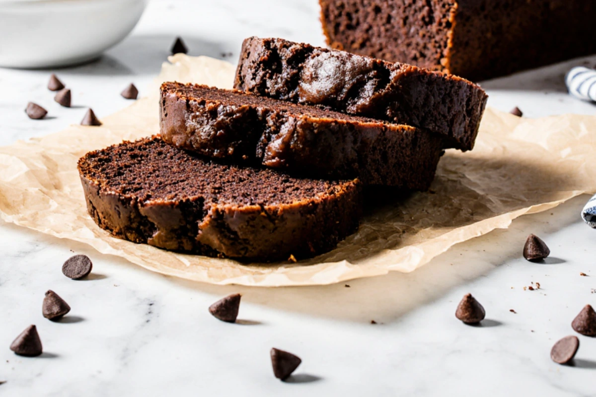 Sliced chocolate and zucchini bread on a cutting board, ready to serve. Rich, moist chocolatey quick bread.