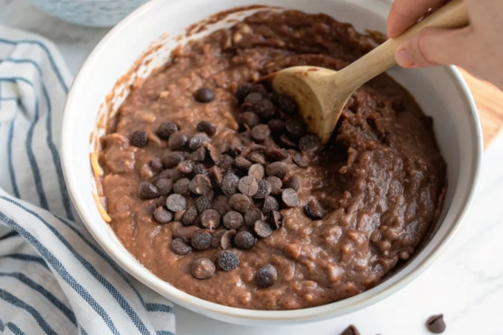 Hands folding chocolate chips into chocolate and zucchini bread batter with a wooden spoon.