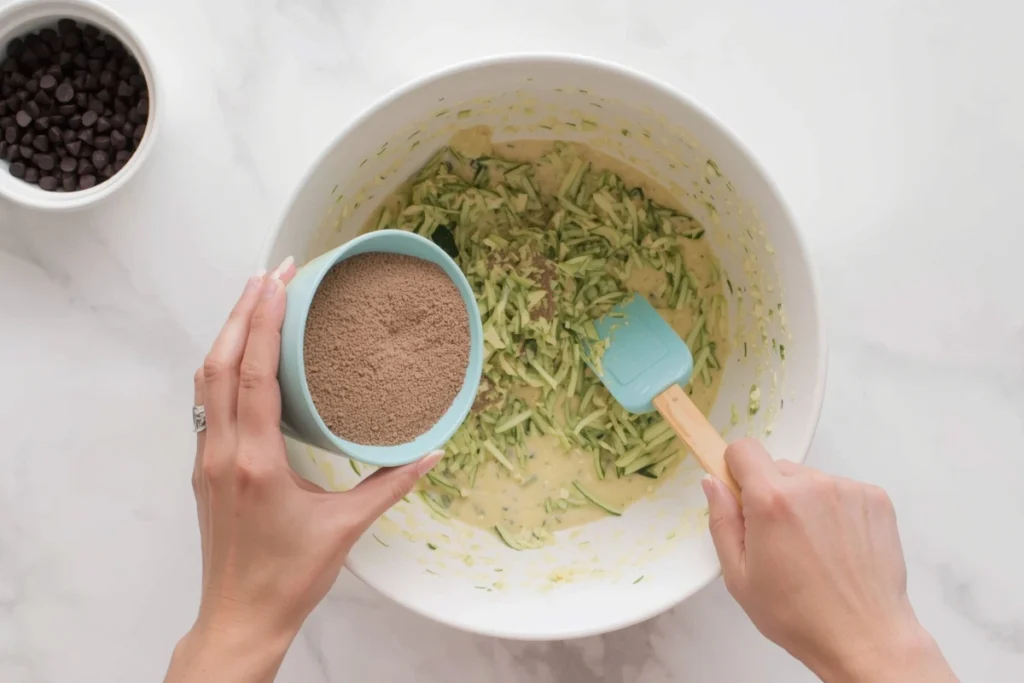 Hands adding dry ingredients to wet batter with shredded zucchini for chocolate and zucchini bread.