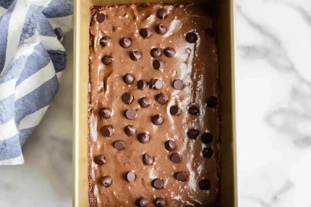 Chocolate and zucchini bread batter in a loaf pan, topped with chocolate chips before baking.