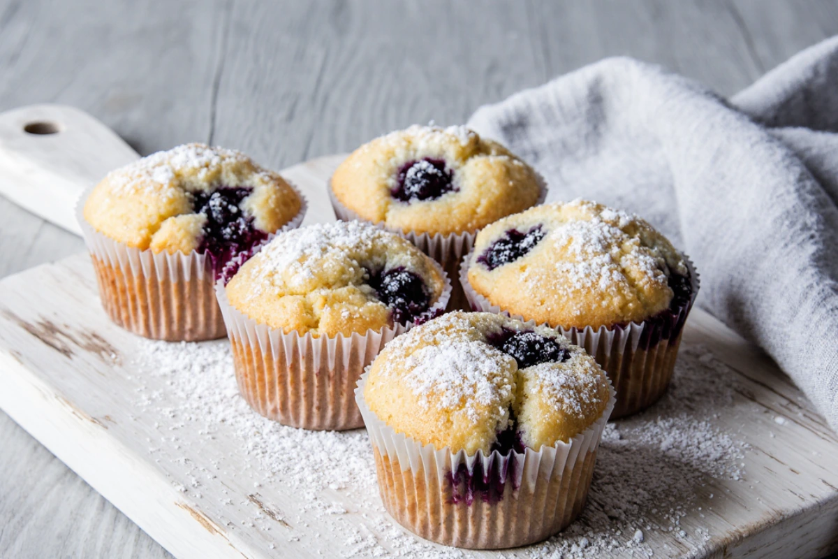 Five homemade lemon blueberry muffins on a white board, ready to be enjoyed.