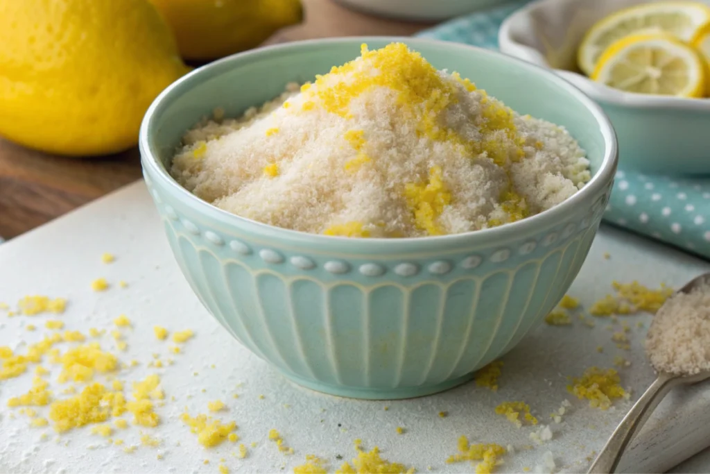 Granulated sugar blended with fragrant lemon zest in a light blue bowl.