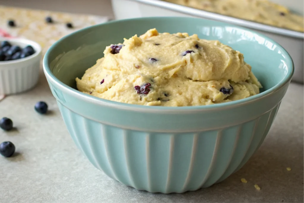 Muffin batter with blueberries folded in, ready for baking lemon blueberry muffins.