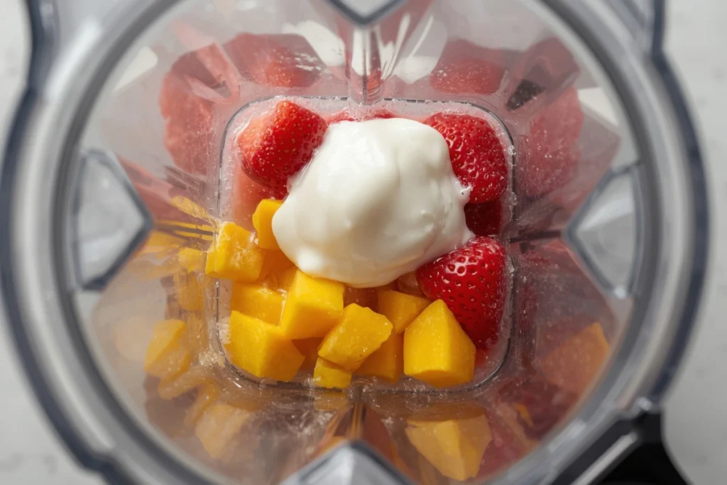 Top-down view of blender ingredients: frozen strawberries, mango chunks, and Greek yogurt for a strawberry mango smoothie.