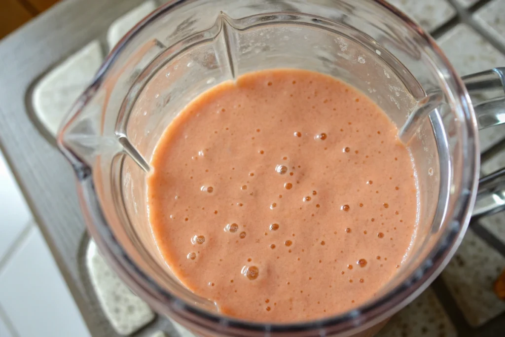Top-down view of a blender with a perfectly smooth and creamy strawberry mango smoothie ready.