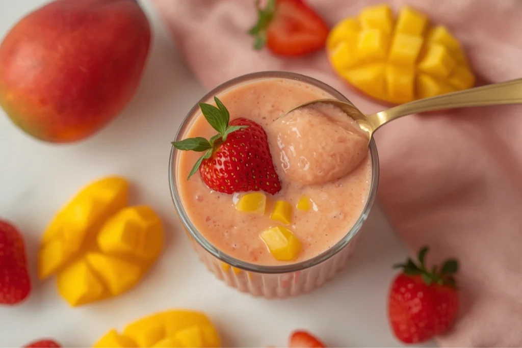Top-down view of a creamy strawberry mango smoothie in a glass with a spoon, garnished with fresh fruit.
