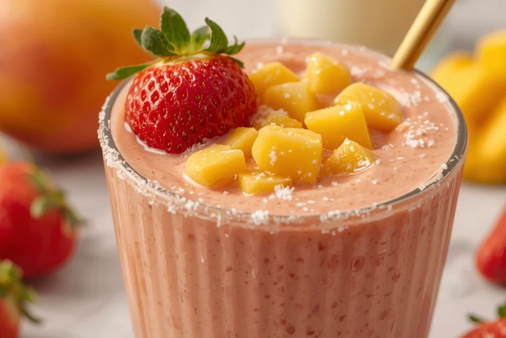 Close-up of a creamy strawberry mango smoothie with a spoon scooping, garnished with fresh fruit and a sugar rim.