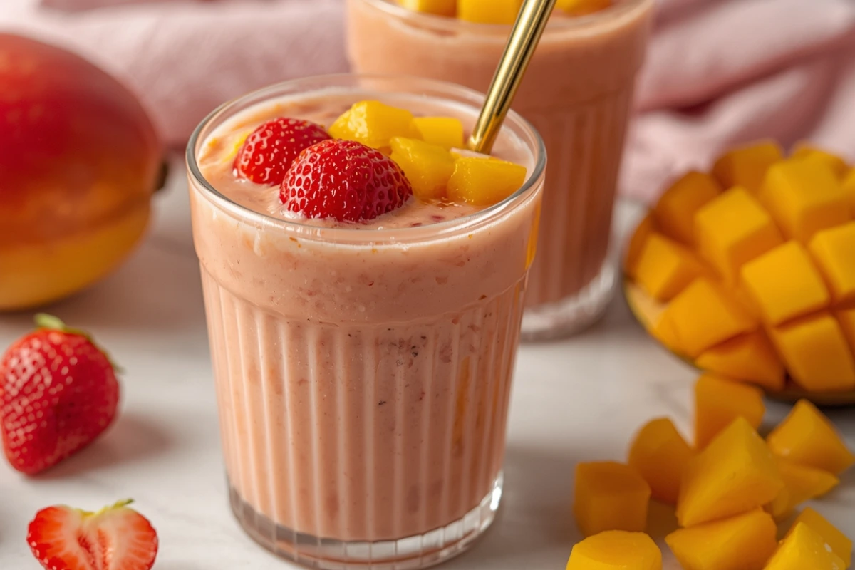 Two vibrant strawberry mango smoothies in glasses, garnished with fresh fruit, surrounded by whole mangoes and strawberries.