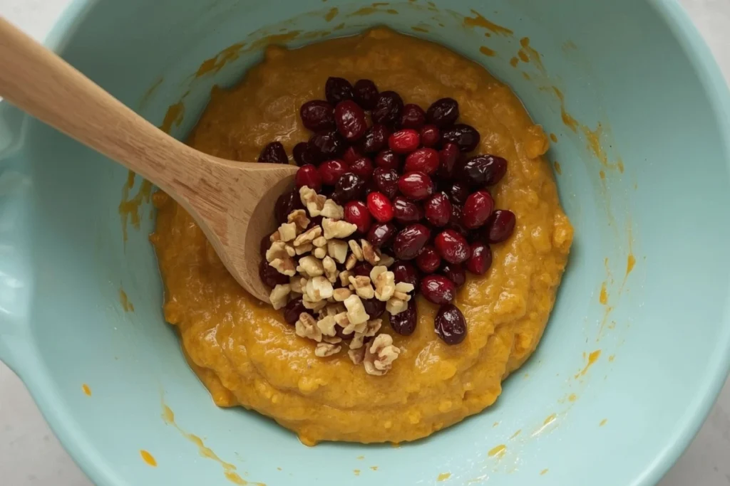 Pumpkin cranberry bread batter with fresh cranberries and walnuts before mixing.