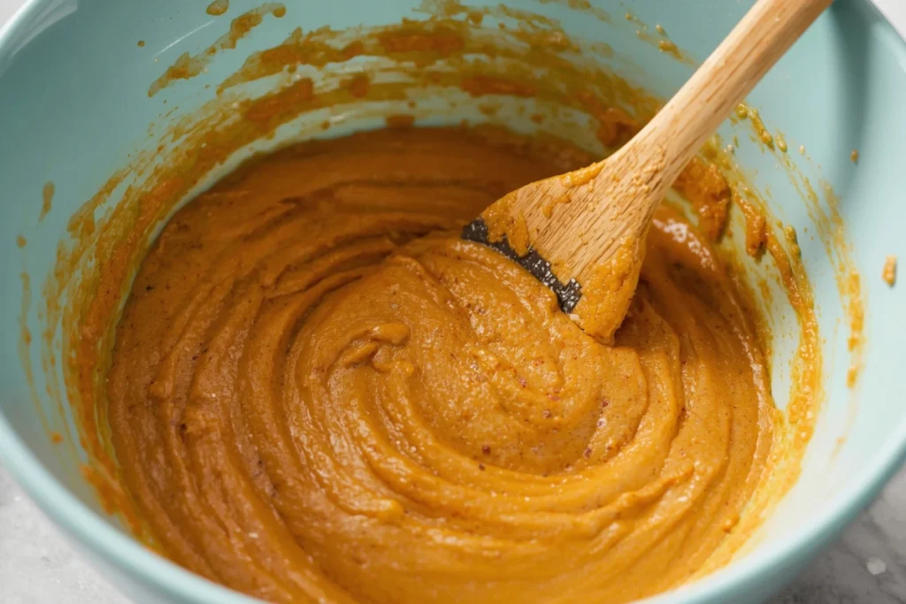 Mixed pumpkin cranberry bread batter in a bowl with a wooden spoon.