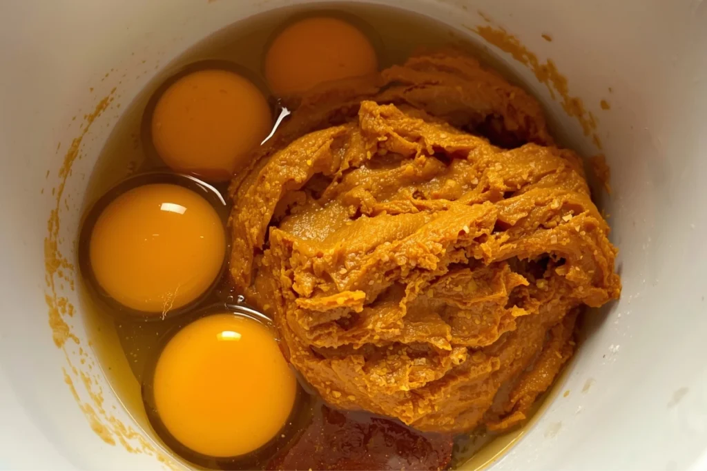 Wet ingredients for pumpkin cranberry bread: eggs and pumpkin puree.