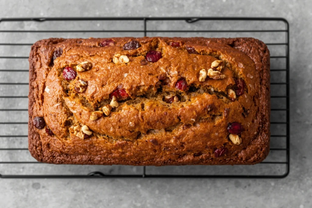 Freshly baked pumpkin cranberry bread loaf cooling on a wire rack, golden-brown with visible cranberries.