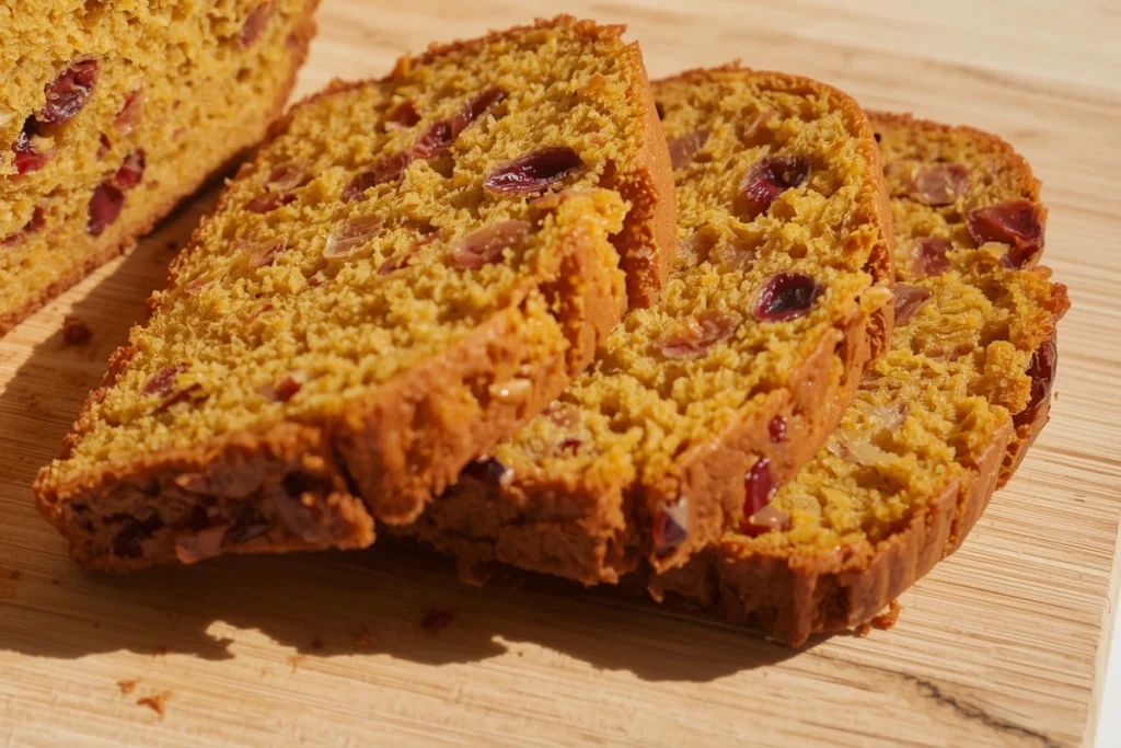 Homemade pumpkin cranberry bread, sliced.