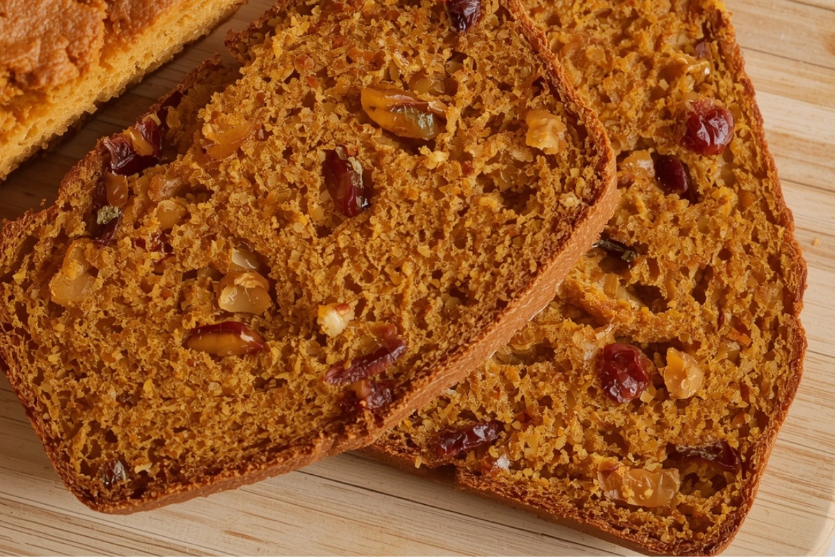 Sliced pumpkin cranberry bread.